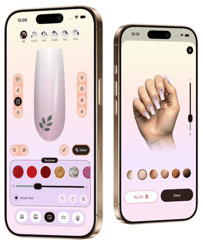 Nail Design Studio app showing nail art editor and virtual try-on