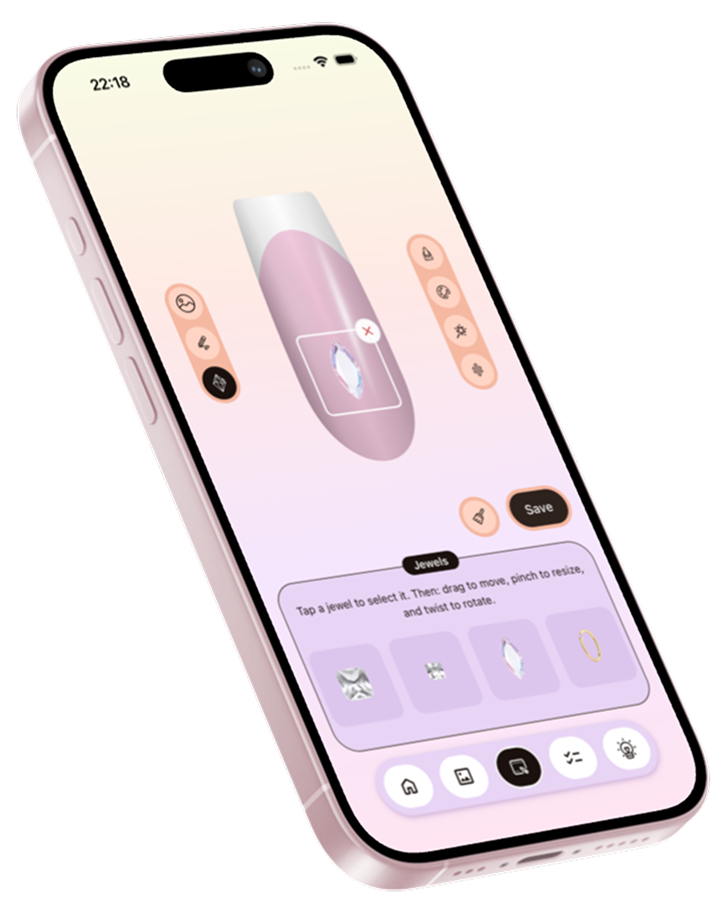 Nail Design Studio nail art editor showing nail shapes, polish colors, glitter, chrome and cat-eye finishes