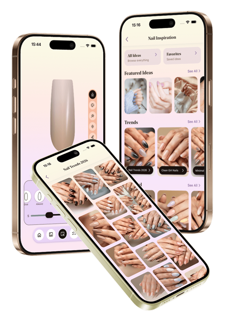 Nail Inspiration feed showing trending manicure ideas, nail art styles, and favorites gallery in Nail Design Studio app