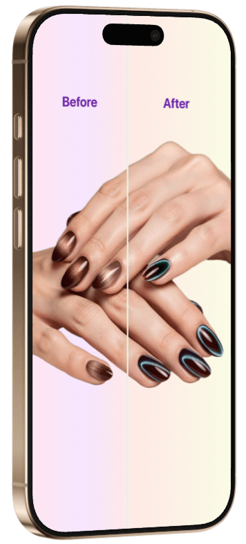 Virtual nail try-on before and after comparison showing AI manicure preview on a real hand